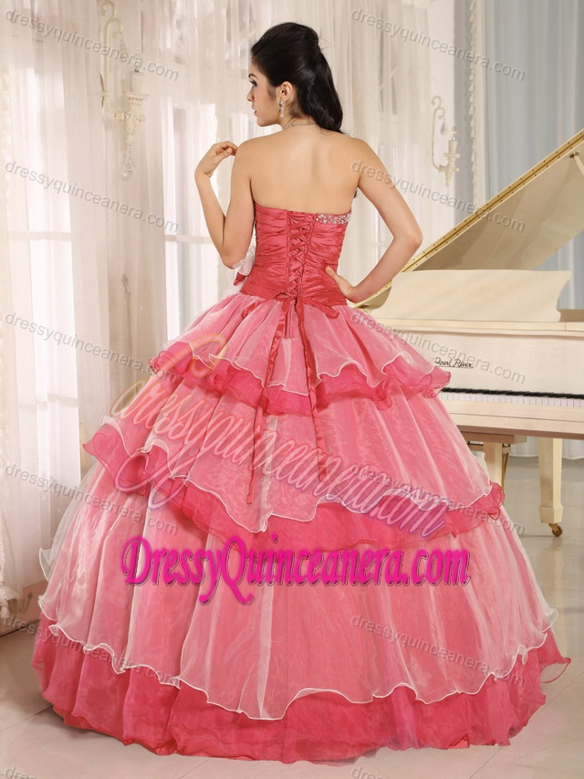 Ruched Sweetheart Watermelon Organza Quinceanera Dress with Beading and Flower