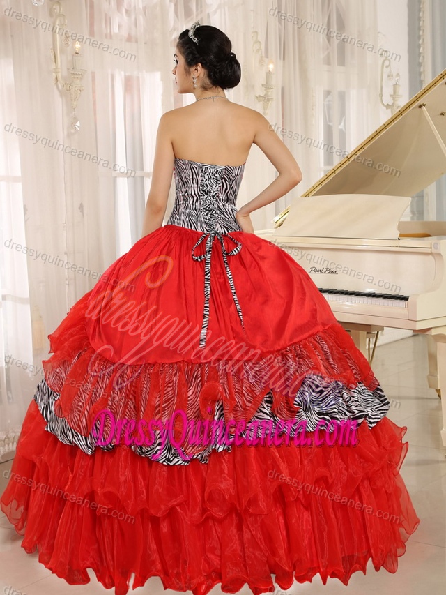 Hot Red Sweetheart Ball Gown Layered Quinceanera Dresses with Beading and Zebra
