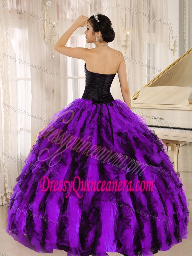 Ruched Sweetheart Black and Purple Organza Ruffled Quinceanera Dress with Beading