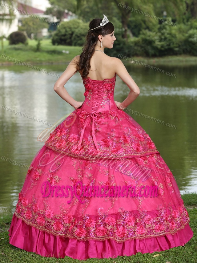 New Custom Made Strapless Hot Pink Taffeta Layered Sweet 16 Dress with Appliques