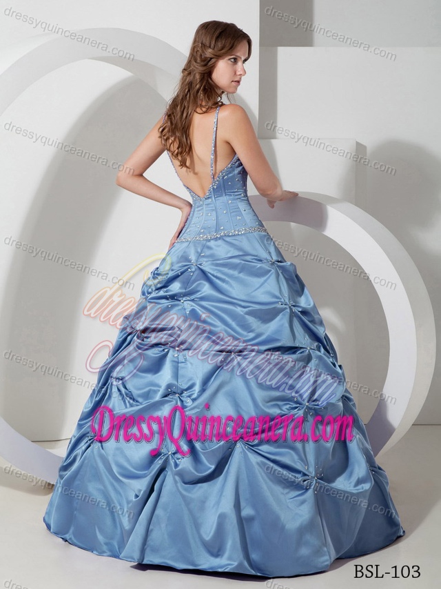 A-line Taffeta Beaded for Quinceanera Gown Dresses with Spaghetti Straps