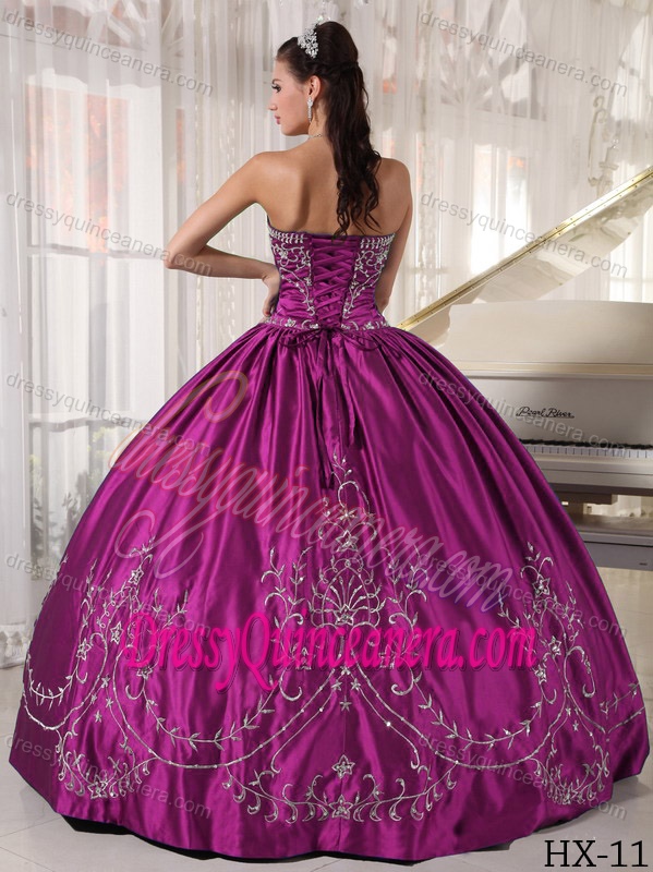 Strapless Satin Embroidery Appliqued Dress for Quinceanera in Fuchsia