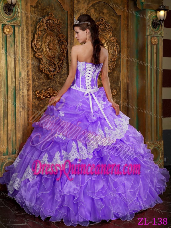 Strapless Floor-length Organza Purple Ball Gown Quince Dress with Ruffles