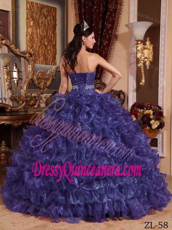 Organza Beaded Ball Gown Sweetheart Sweet 15 Dresses in Dark Purple
