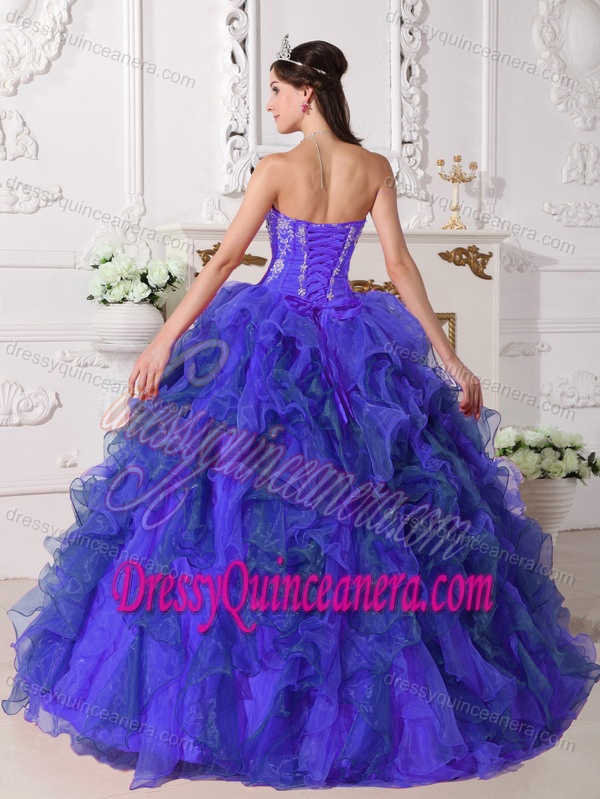 Sweetheart Satin and Organza Blue and Purple Quince Dresses with Ruffles