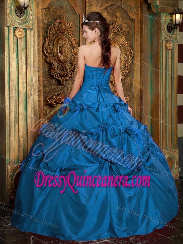 Taffeta Teal Ball Gown Strapless Quinceanera Gowns with Handle Flowers