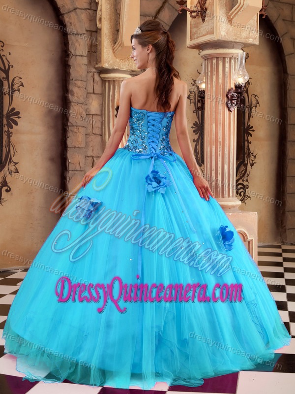 Ball Gown Strapless Satin and Tulle Beaded Quince Dresses in Aqua Blue