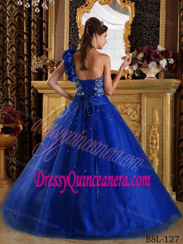 Teal Princess Tulle Beaded Quinceanera Gown Dresses with One Shoulder