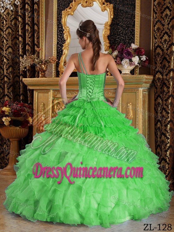 Satin and Organza Beaded Spring Green Quince Dresses with One Shoulder