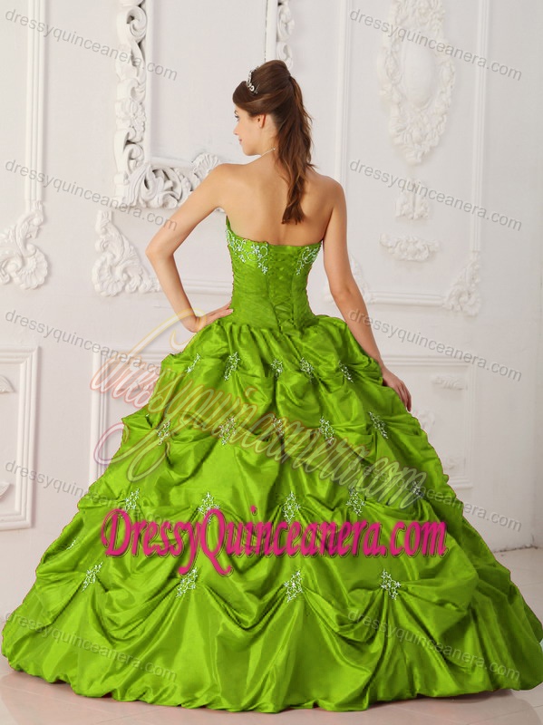 Strapless Taffeta Appliqued and Beaded Sweet 16 Dresses in Olive Green
