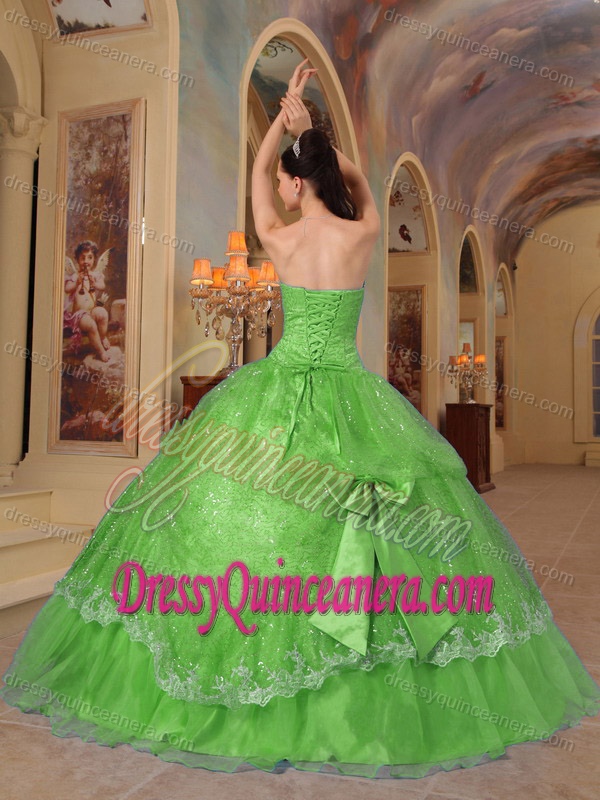 New Strapless Sequins and Organza Green Dress for Quinceanera with Bows