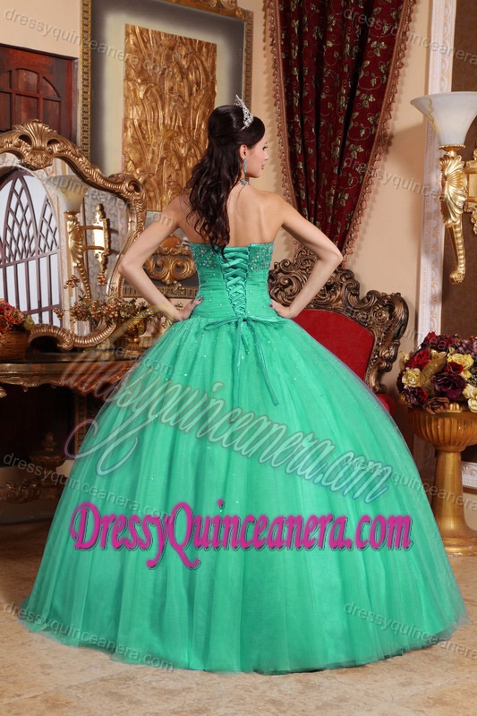 Embroidery Beaded Turquoise Strapless Floor-length Quince Dresses in Tulle