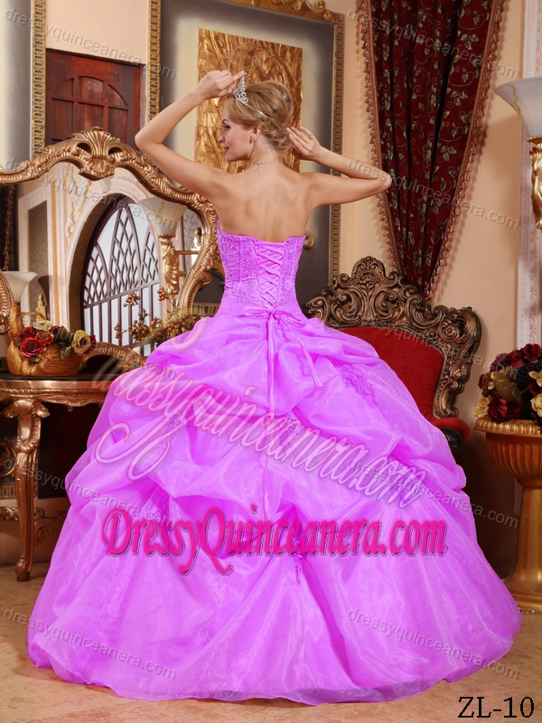 New Purple Strapless Pick ups Organza Dress for Quinceanera with Appliques