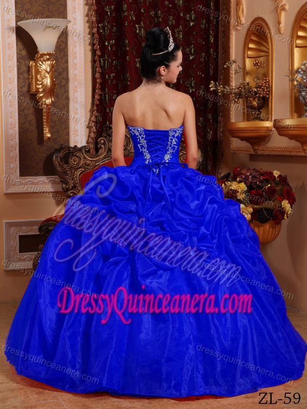 Blue Ball Gown Sweetheart Appliqued Quinceanera Gown Dresses in Organza