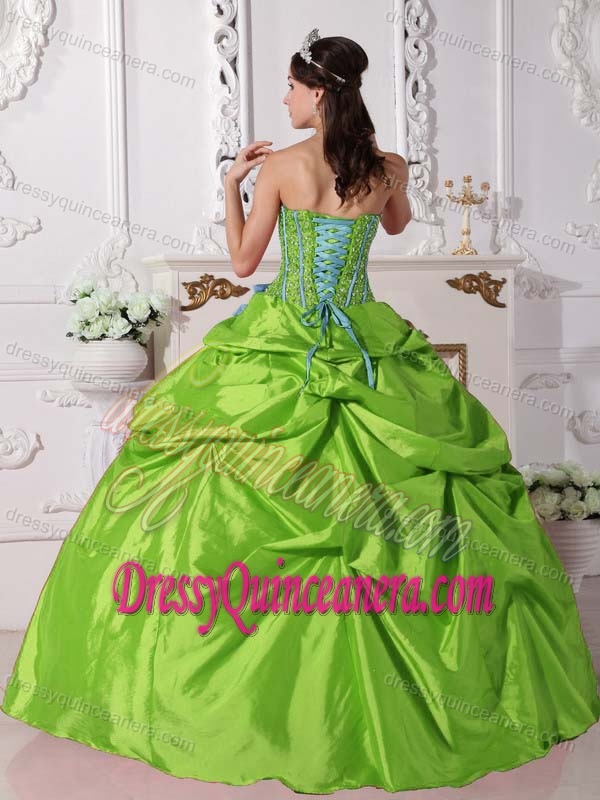 Green Strapless Taffeta Inexpensive Quinceanera Dresses with Beading