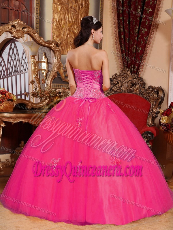 Low Price Sweetheart Appliqued Tulle Quinceanera Dress in Hot Pink