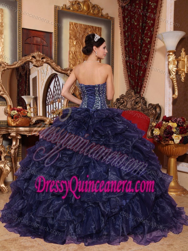 Sweetheart Navy Blue Sweet Sixteen Dresses with Sequins in Organza