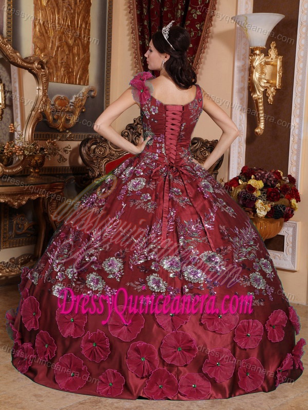 Beautiful Wine Red Ball Gown V-Neck Quinces Dresses with Appliques