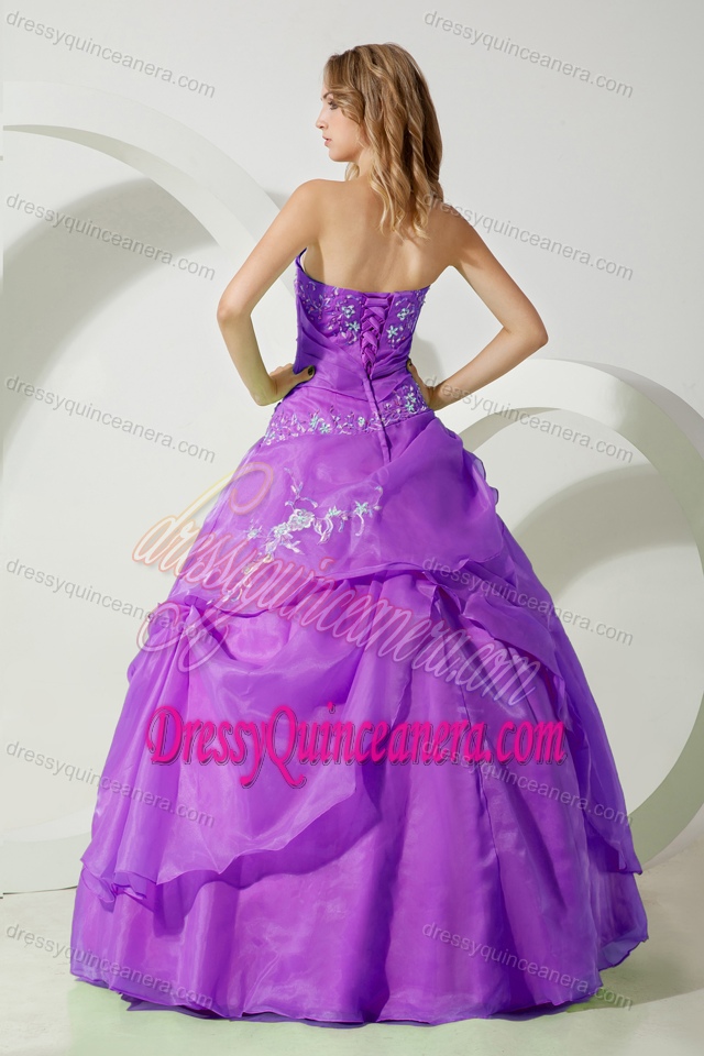 Purple Ball Gown Strapless Cheap Quinceanera Dress with Embroidery