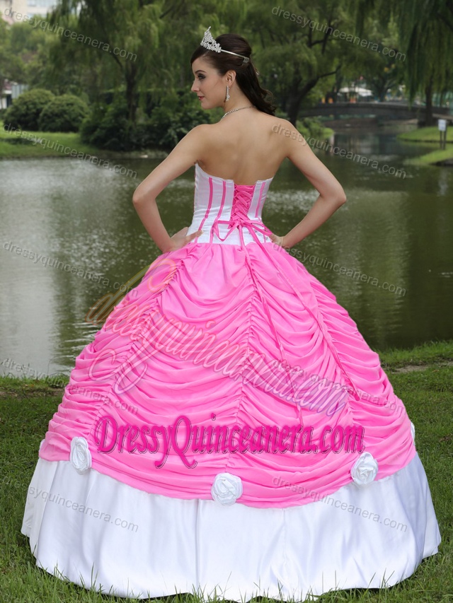 Strapless Ball Gown Style Sweet Sixteen Dresses in Hot Pink and White