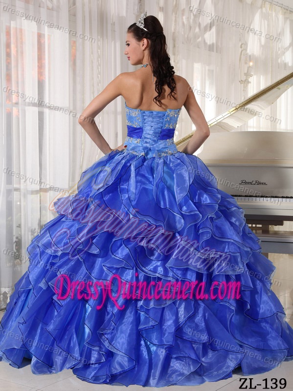 Latest Strapless Sky Blue Organza Quinceanera Gown Dress with Ruffles and Appliques