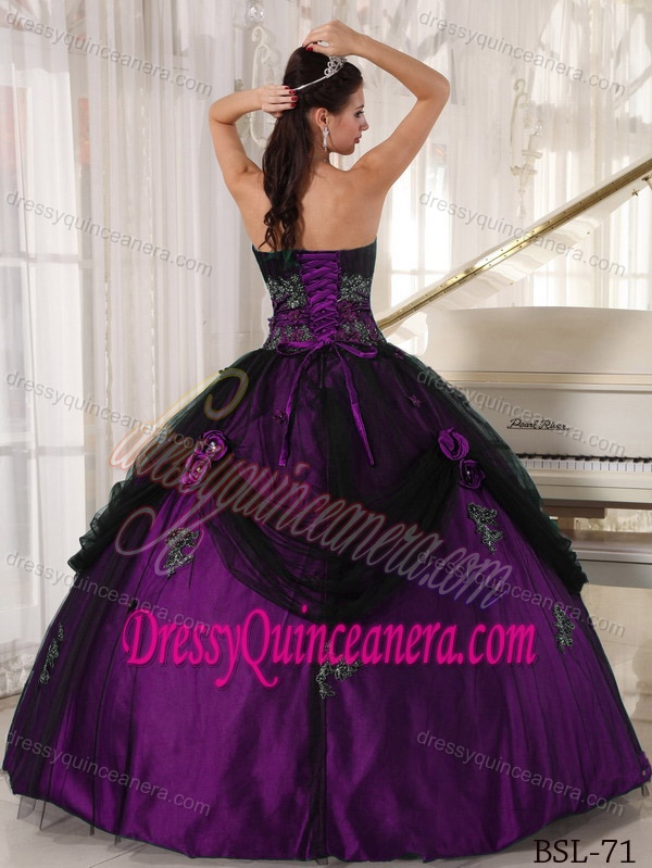 Ruched Strapless Dark Purple and Black Drapped Quinceanera Dress with Appliques