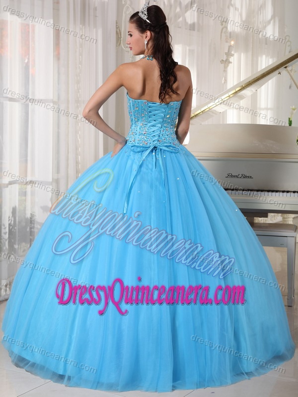 Sky Blue Sweetheart Ball Gown Tulle Quinceanera Dresses with Beading on Promotion
