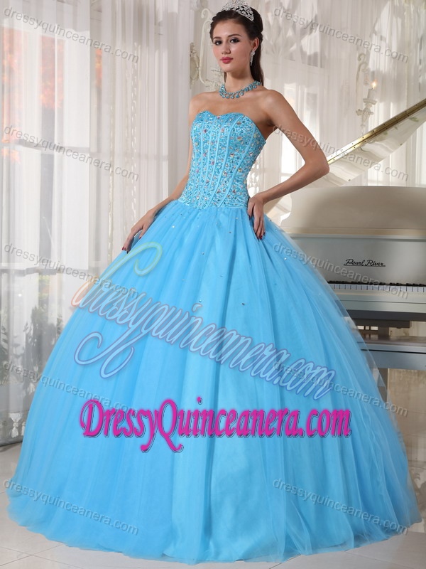 Sky Blue Sweetheart Ball Gown Tulle Quinceanera Dresses with Beading on ...