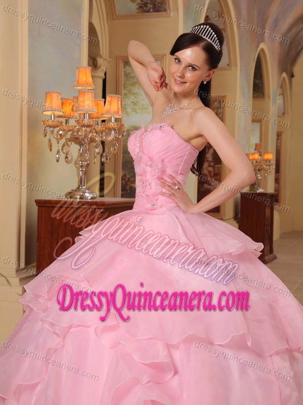 Baby Pink Sweetheart Ball Gown Layered Organza Sweet Sixteen Dresses with Beading
