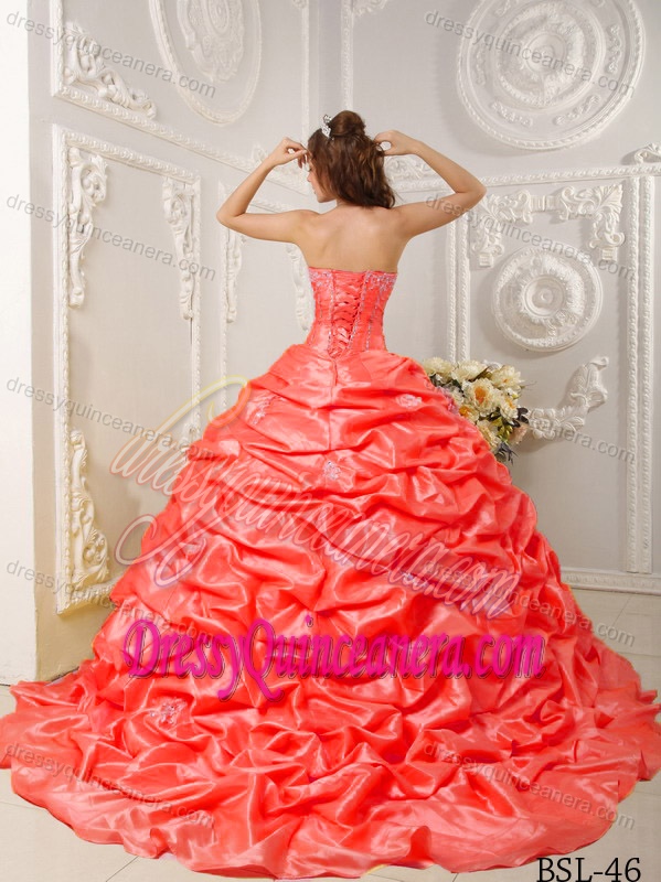 Orange Red Strapless Brush Train Taffeta Dress for Quince with Appliques and Pick-ups