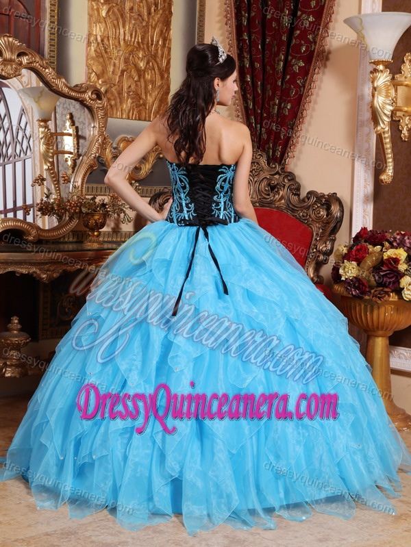 Embroidered Sweetheart Aqua Blue Organza Quinceanera Dress with Beading on Sale