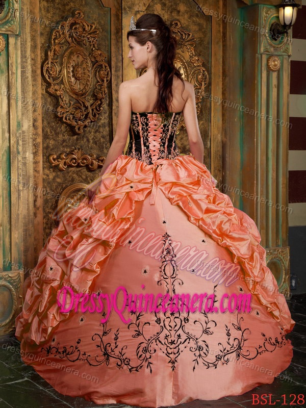 Strapless Orange Taffeta Quinceanera Dress with Embroidery and Pick-ups for Cheap