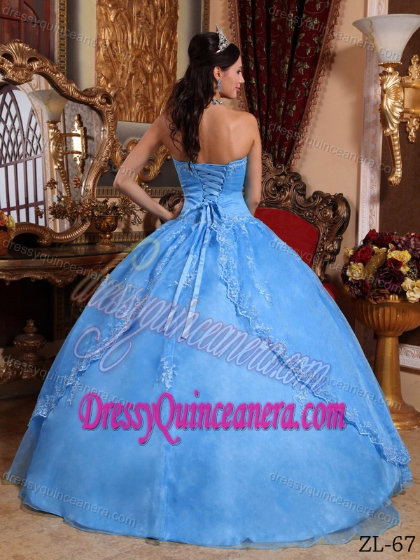 Wonderful Strapless Aqua Blue Strapless Organza Quinceanera Dress with Appliques