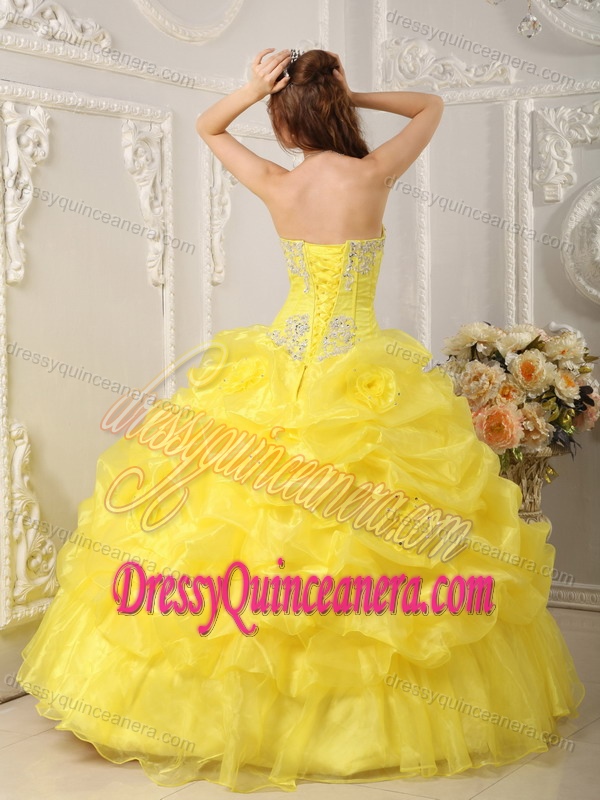 Bright Yellow Strapless Organza Quinceanera Gown Dress with Ruffles and Appliques