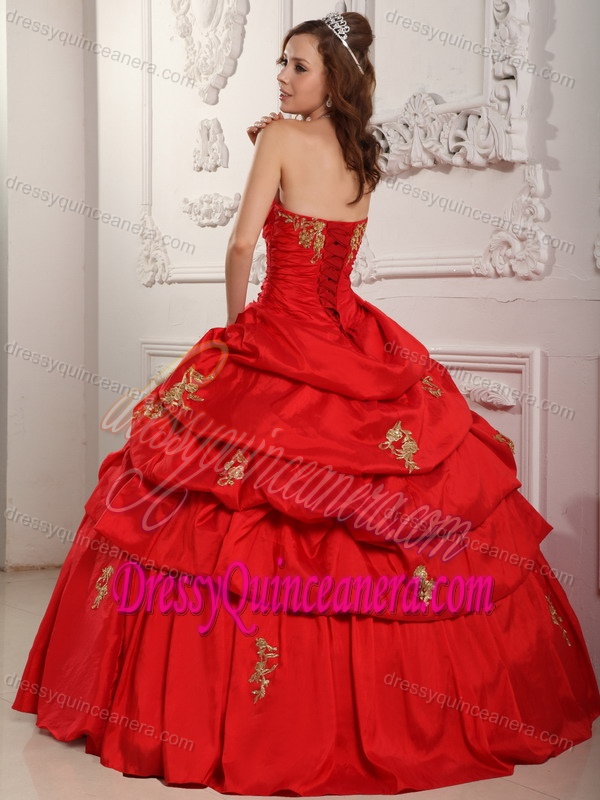 Hot Red Sweetheart Taffeta Ball Gown Quinceanera Dress with Appliques and Pick-ups