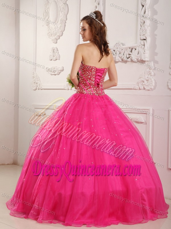 Beautiful Sweetheart Ball Gown Hot Pink Sweet Sixteen Dress with Beading for Cheap