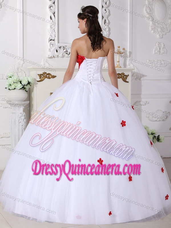 White Sweetheart Ball Gown Tulle Quinceanera Dress with Red Floral Appliques on Sale