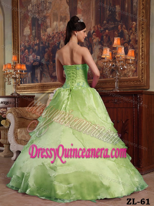Yellow Green Ruched and Appliqued Sweet Sixteen Dress with Handmade Flower