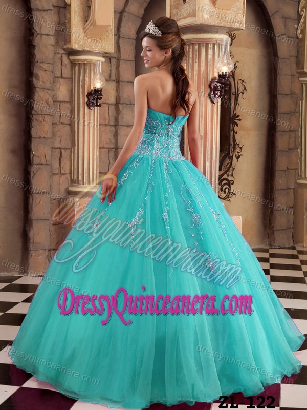 Aqua Blue Sweetheart Sweet Sixteen Quinceanera Dresses with White Appliques