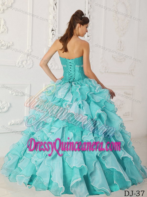 Ruffled and Appliqued Quince Gowns in Aqua Blue with Heart Shaped Neckline