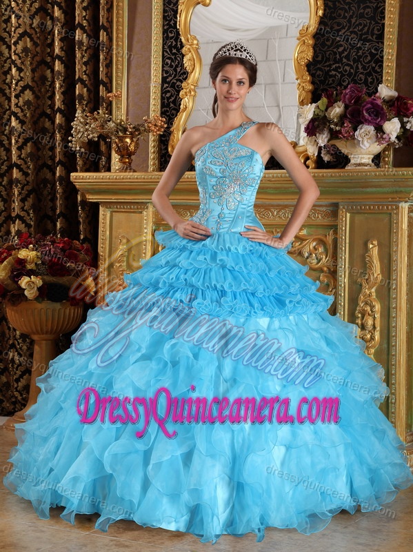 Aqua Blue Ball Gown One Shoulder Sweet 16 Dresses with Ruffles and Appliques