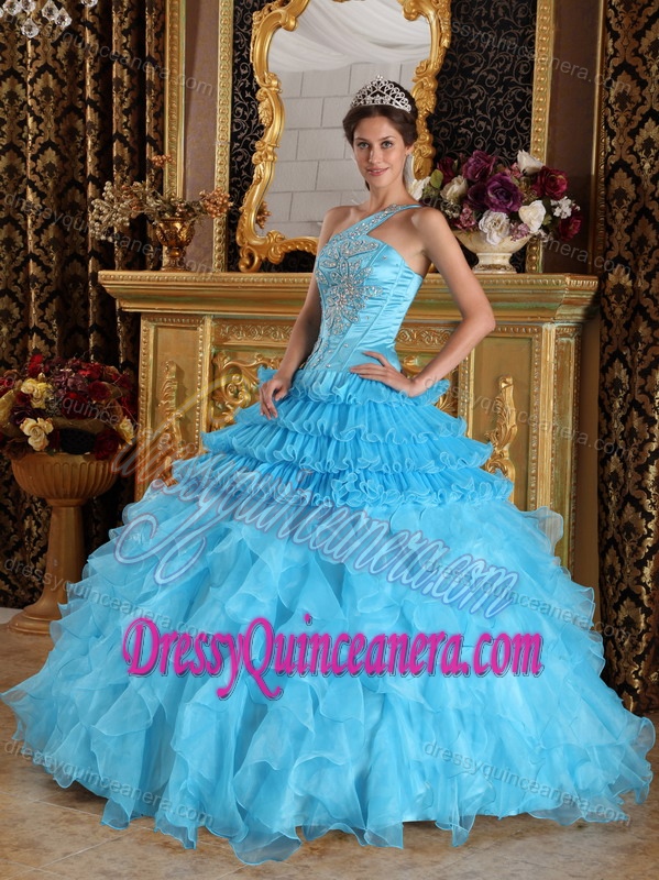 Aqua Blue Ball Gown One Shoulder Sweet 16 Dresses with Ruffles and Appliques