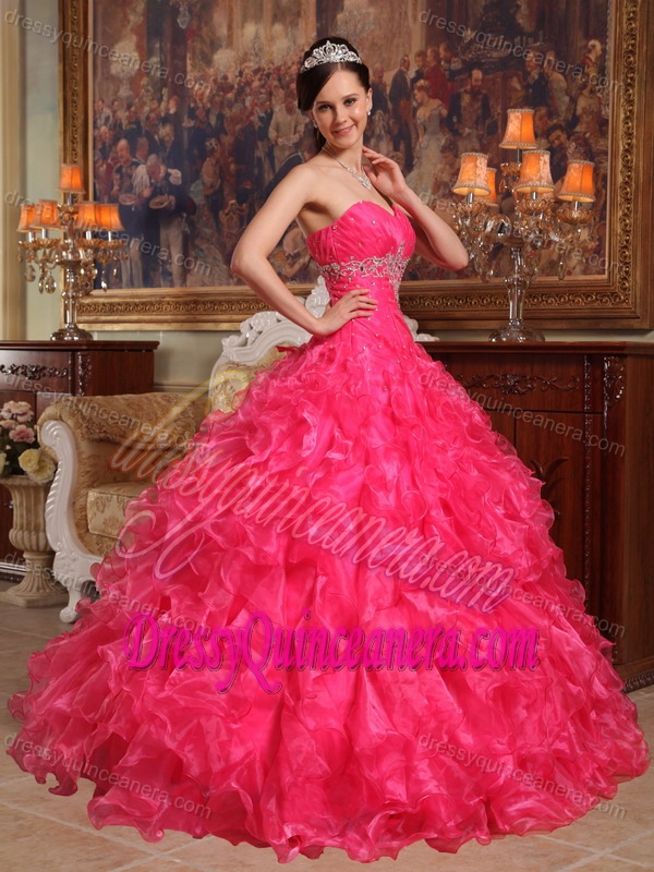 Ruffled and Beaded Sweet Sixteen Dresses with Heart Shaped Neckline in Red