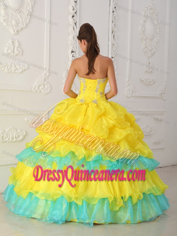 Appliqued Organza Sweet 15 Dress with Ruffled Layers in Yellow and Aqua Blue