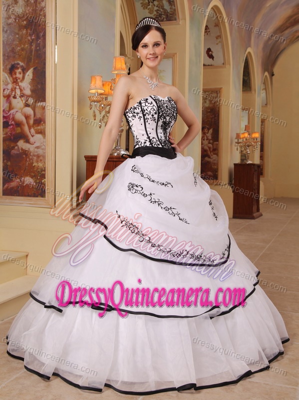 Clearance White and Black Layered Dress for Quince with Embroidery and Sash