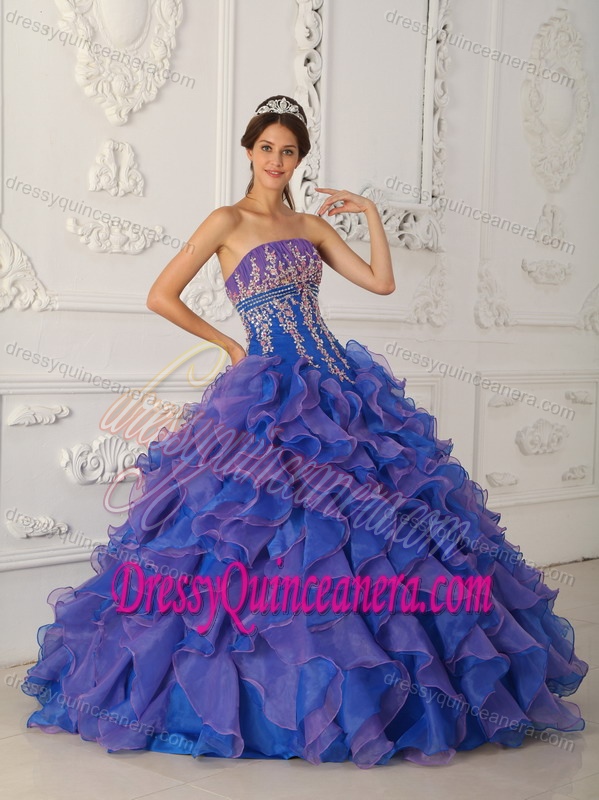 Blue Strapless Dresses for Quince with Ruffles and White Appliques in Organza