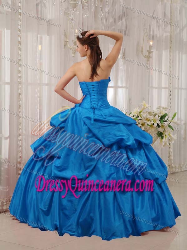Glitz Teal Appliqued Quinceaneras Dress with Beadings and Hand Made Flowers