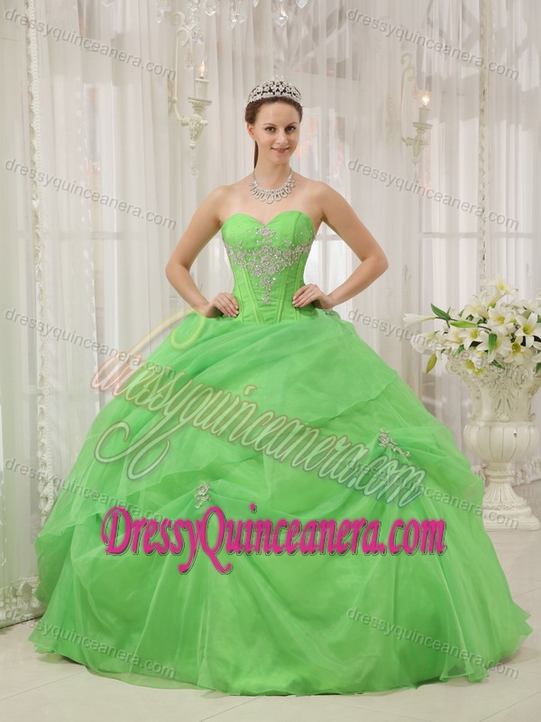 Cheap Sweetheart Spring Green Dress for Quince with White Appliques on Sale