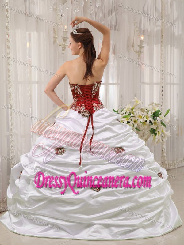 Wine Red and White Quinceanera Dress with Embroidery and Pick-ups in Taffeta