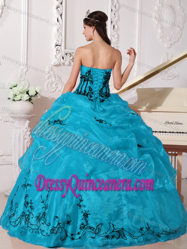 Aqua Blue and Black Quinceanera Dress with Appliques in Organza on Promotion